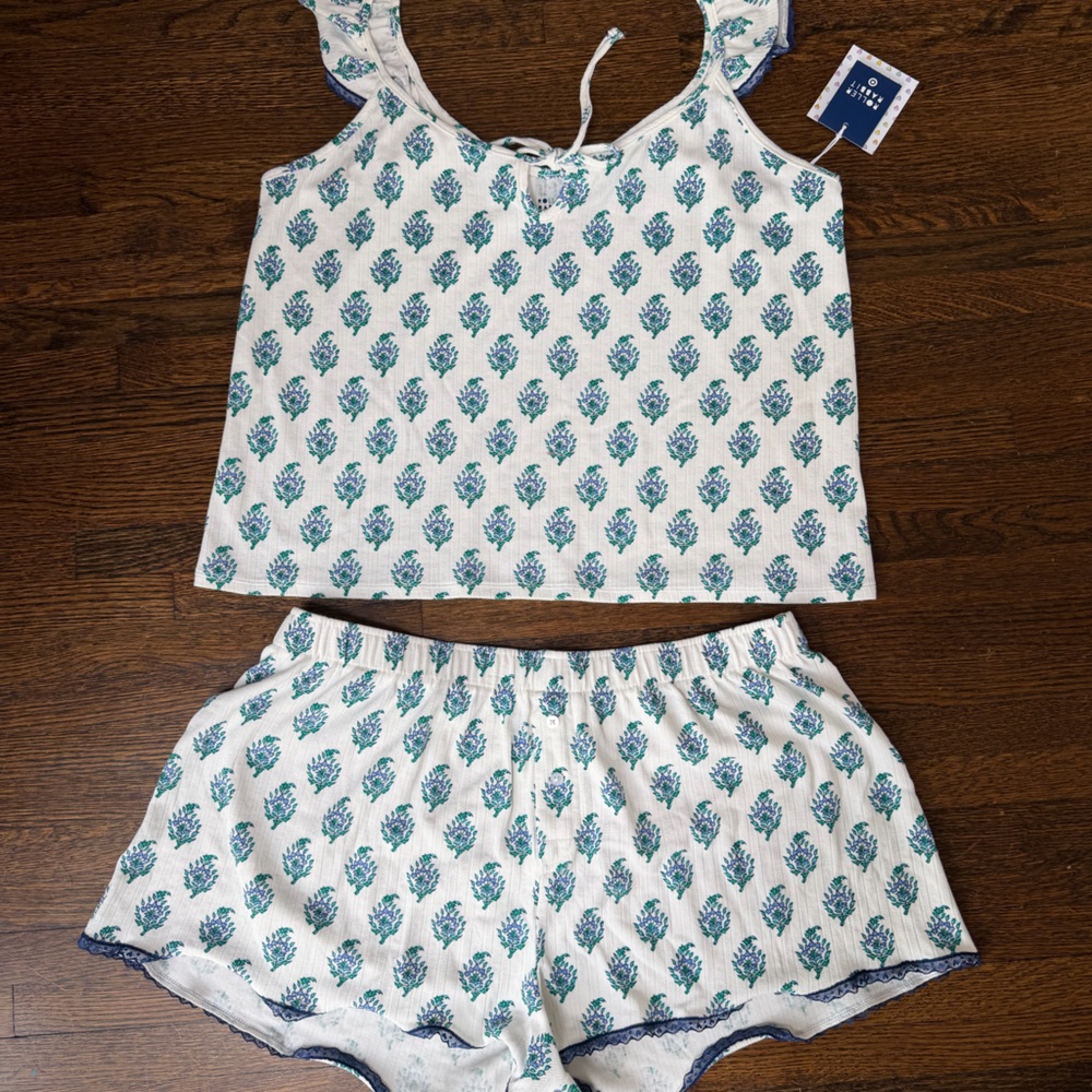 Roller Rabbit White Tank & Teal Floral Print with Navy Trim